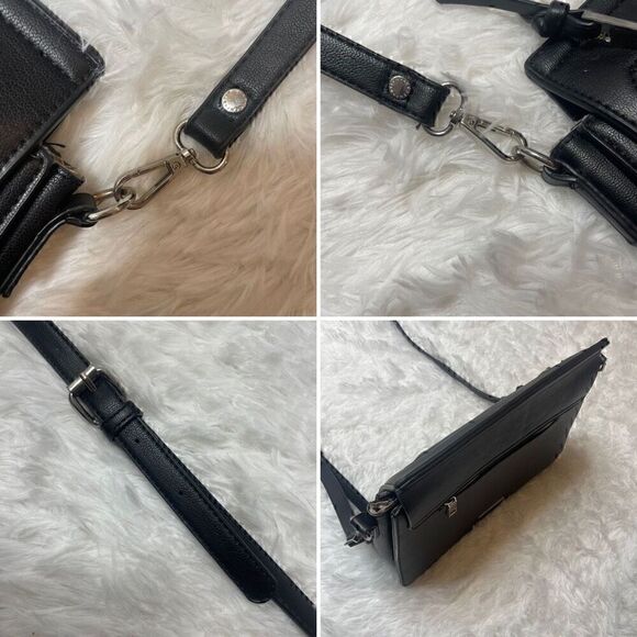 BCBG Black Leather Shoulder Bag Handbag Purse Crossbody Logo Zipper - Picture 16 of 16